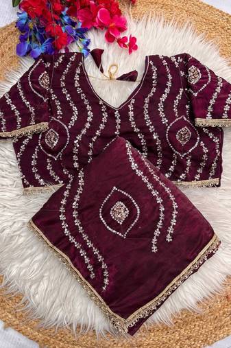 Plum Color Sattin Silk Fabric on Beautiful Hand Work Fancy Lace Border Saree