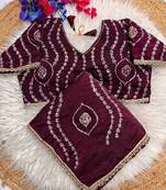 plum satin silk saree with hand work lace border