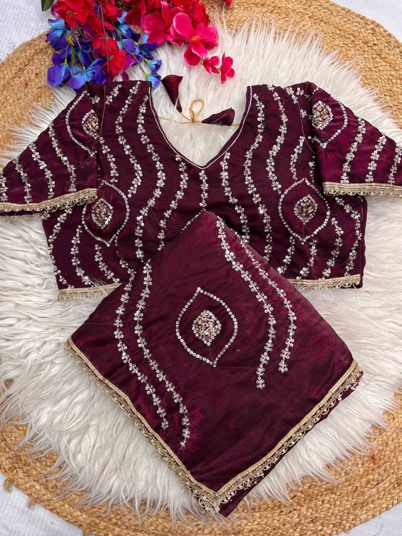 Plum Color Sattin Silk Fabric on Beautiful Hand Work Fancy Lace Border Saree