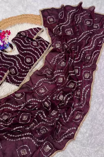 plum satin art silk saree with hand work lace border