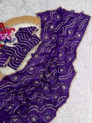 purple satin art silk saree with hand work lace border 2