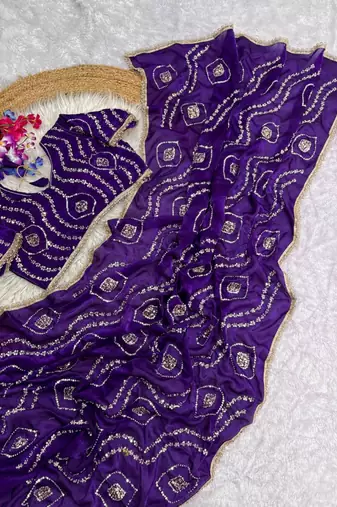 purple satin art silk saree with hand work lace border
