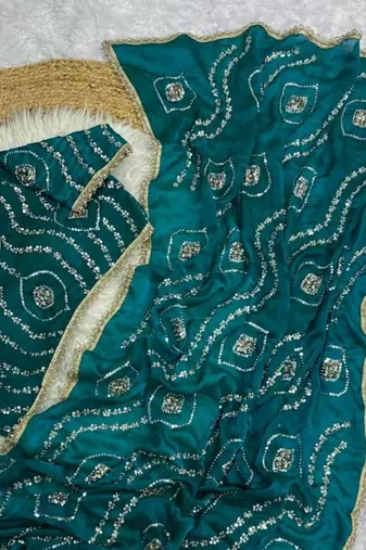 Turquoise Color Sattin Silk Fabric on Beautiful Hand Work Fancy Lace Border Saree