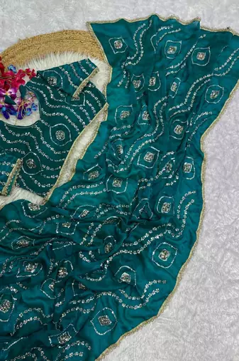 Turquoise Color Sattin Silk Fabric on Beautiful Hand Work Fancy Lace Border Saree