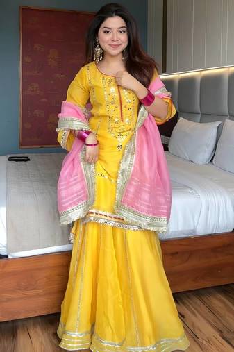 Yellow chinon silk party wear embroidery sharara    suit set