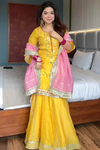 Yellow chinon silk party wear embroidery sharara    suit set