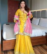Yellow chinon silk party wear embroidery sharara    suit set