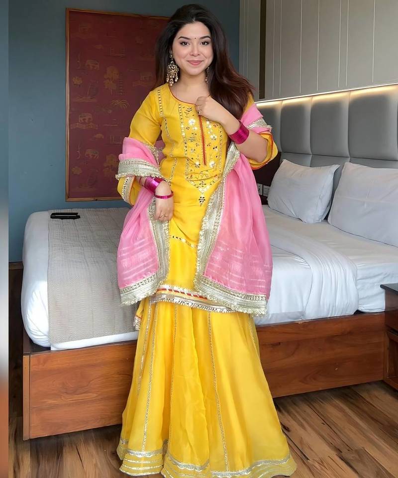 Yellow chinon silk party wear embroidery sharara    suit set