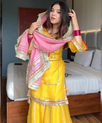 Yellow chinon silk party wear embroidery sharara    suit set 3