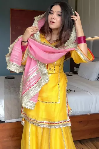 Yellow chinon silk party wear embroidery sharara    suit set