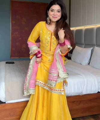 Yellow chinon silk party wear embroidery sharara    suit set 4