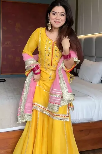 Yellow chinon silk party wear embroidery sharara    suit set