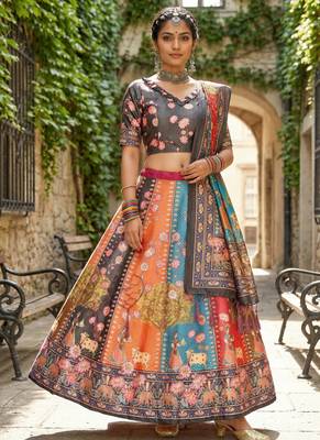 Gadhwal Print Satin Semi Stitched Lehenga Choli & Unstitched Blouse With Dupatta 1