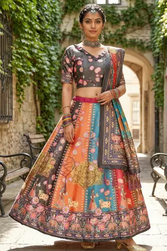 Gadhwal Print Satin Semi Stitched Lehenga Choli & Unstitched Blouse With Dupatta