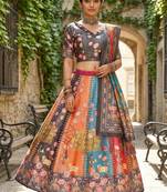 Gadhwal Print Satin Semi Stitched Lehenga Choli & Unstitched Blouse With Dupatta
