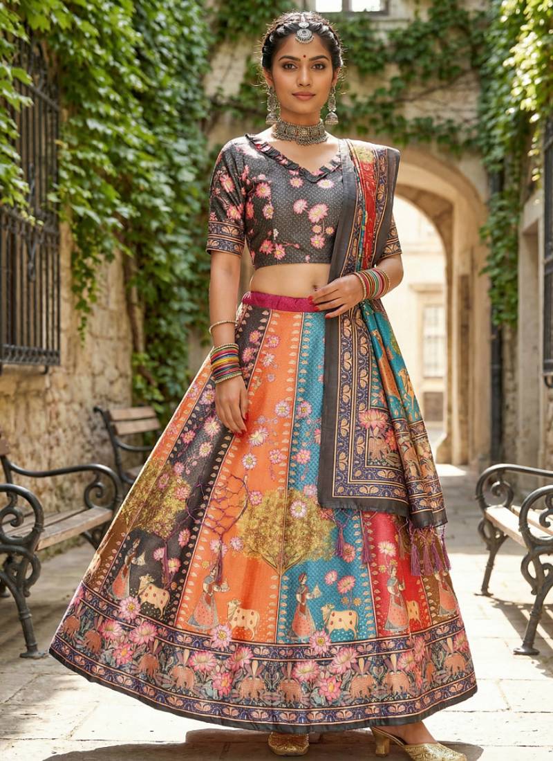Gadhwal Print Satin Semi Stitched Lehenga Choli & Unstitched Blouse With Dupatta
