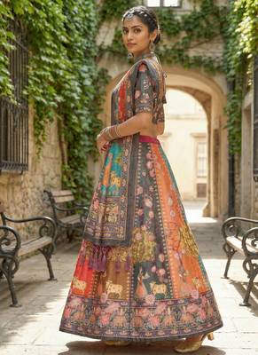 Gadhwal Print Satin Semi Stitched Lehenga Choli & Unstitched Blouse With Dupatta 2