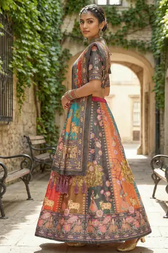 Gadhwal Print Satin Semi Stitched Lehenga Choli & Unstitched Blouse With Dupatta