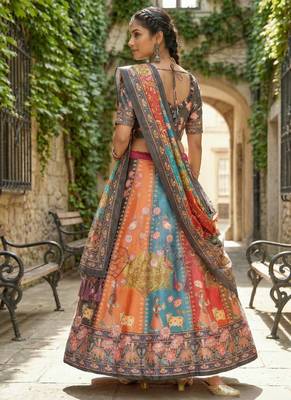 Gadhwal Print Satin Semi Stitched Lehenga Choli & Unstitched Blouse With Dupatta 3