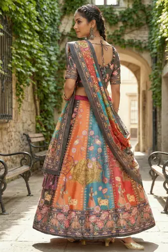 Gadhwal Print Satin Semi Stitched Lehenga Choli & Unstitched Blouse With Dupatta