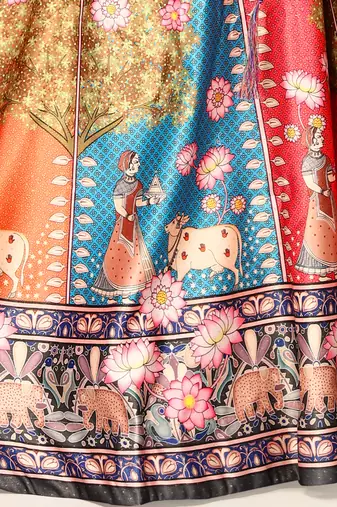 Gadhwal Print Satin Semi Stitched Lehenga Choli & Unstitched Blouse With Dupatta