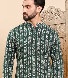 Mens green viscose rayon chevron printed ethnic straight short kurta
