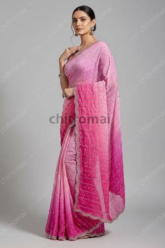 Pink Color Sattin Silk Fabric Original Beeds Work with Cut  work border Saree