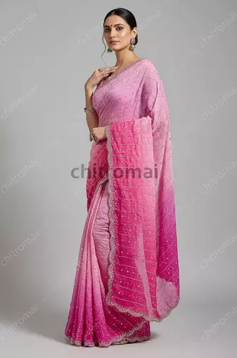 Pink Color Sattin Silk Fabric Original Beeds Work with Cut  work border Saree