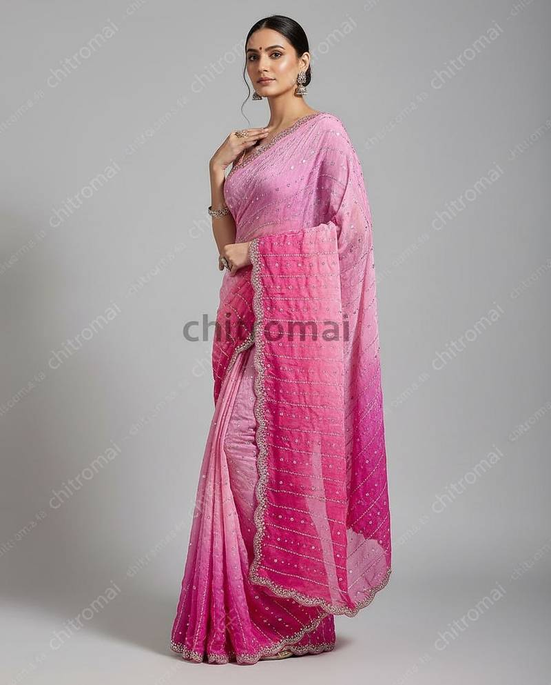 Pink Color Sattin Silk Fabric Original Beeds Work with Cut  work border Saree