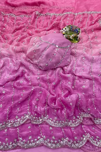 pink satin silk designer saree with beads work