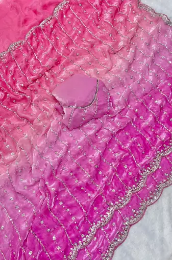 pink satin silk designer saree with beads work