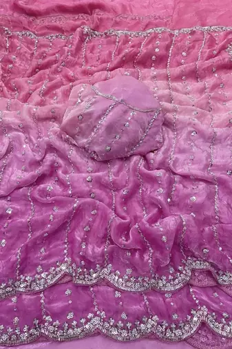 pink satin silk designer saree with beads work