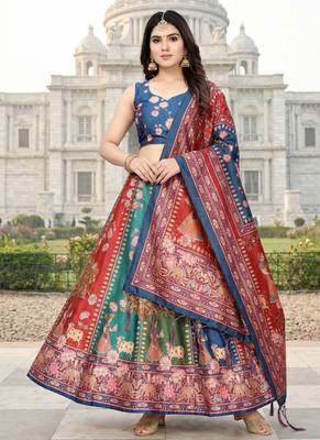 Gadhwal Print Satin Semi Stitched Lehenga Choli & Unstitched Blouse With Dupatta 1