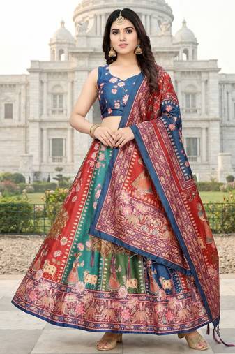 Gadhwal Print Satin Semi Stitched Lehenga Choli & Unstitched Blouse With Dupatta