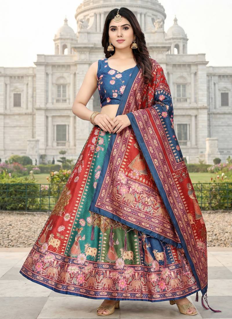 Gadhwal Print Satin Semi Stitched Lehenga Choli & Unstitched Blouse With Dupatta