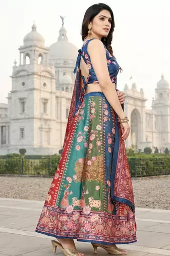 Gadhwal Print Satin Semi Stitched Lehenga Choli & Unstitched Blouse With Dupatta
