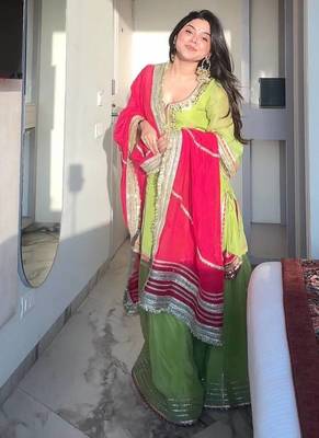 Parrot  chinon silk party wear embroidery sharara    suit set 2
