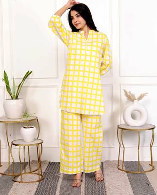 Yellow check hand block printed cotton co-ord set 1