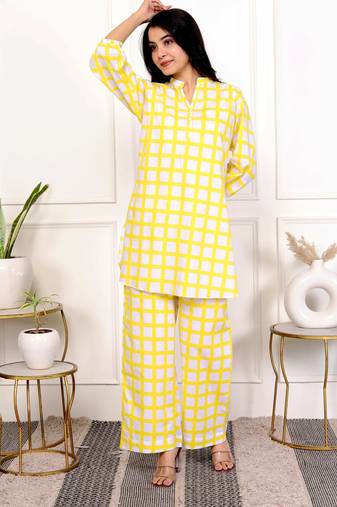 Yellow check hand block printed cotton co-ord set