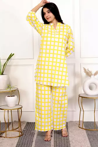 Yellow check hand block printed cotton co-ord set