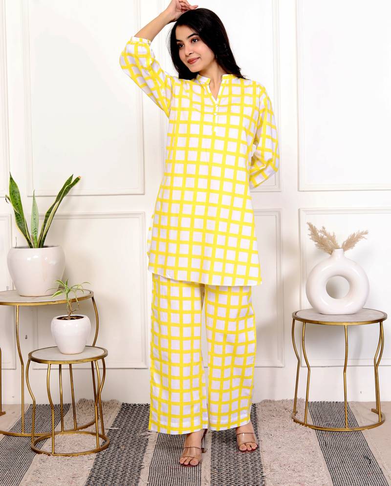 Yellow check hand block printed cotton co-ord set