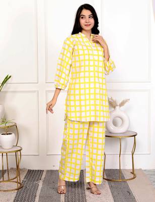Yellow check hand block printed cotton co-ord set 2