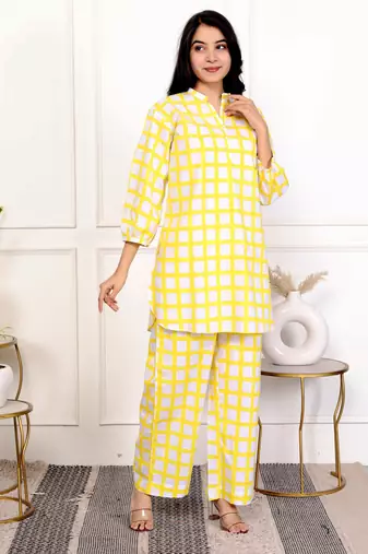 Yellow check hand block printed cotton co-ord set
