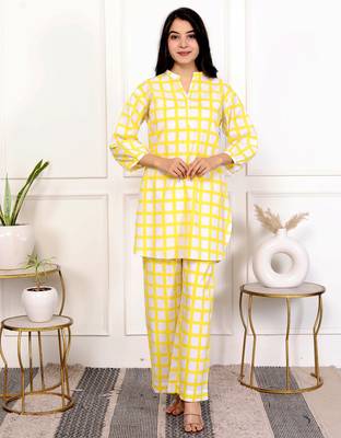 Yellow check hand block printed cotton co-ord set 3