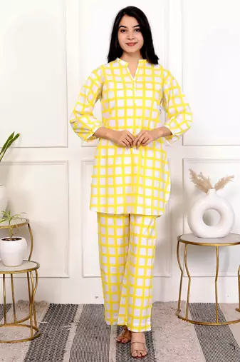Yellow check hand block printed cotton co-ord set
