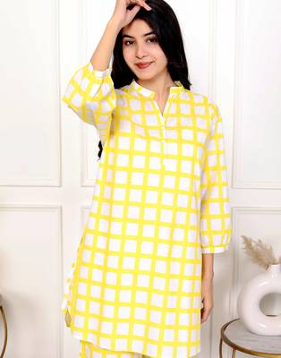 Yellow check hand block printed cotton co-ord set 5