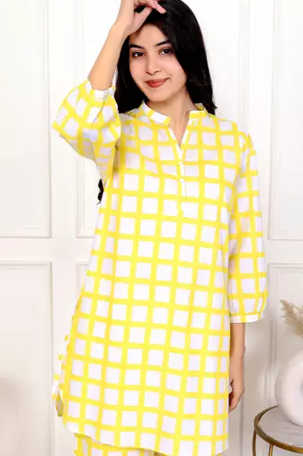 Yellow check hand block printed cotton co-ord set