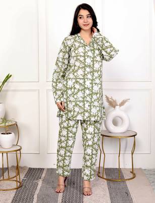 Green hand block printed cotton co-ord set 1