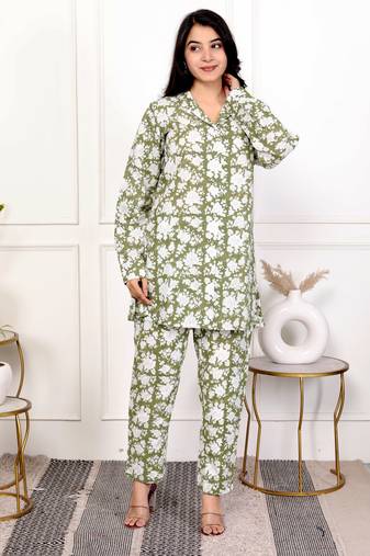 Green hand block printed cotton co-ord set