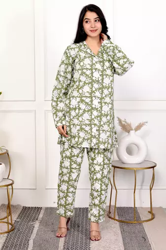 Green hand block printed cotton co-ord set